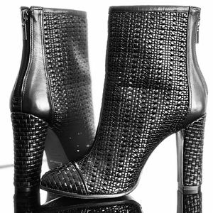 SCHUTZ 8.5 black woven leather boots. 3” heel. Worn twice. Like new! GORGEOUS